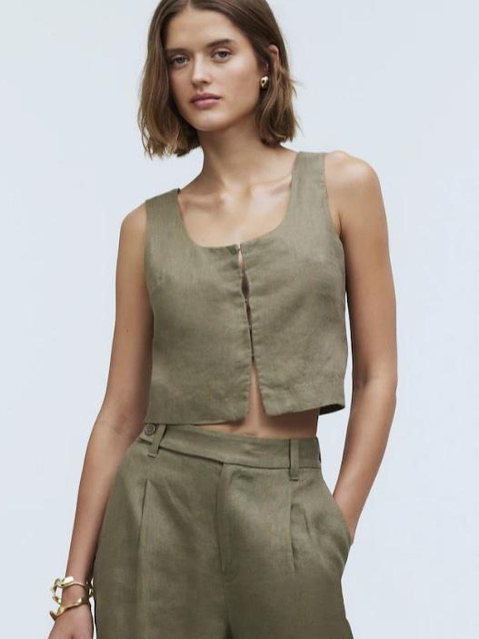 Madewell Olive Green Linen Crop Button-Front Tank